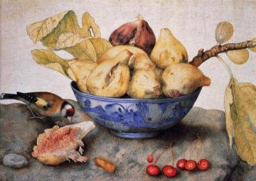 Chinese Bowl With Figs, Cherries, And A Bird Artwork by Giovanna Garzonni