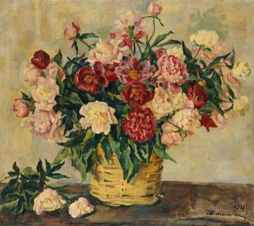 Peonies in a basket Artwork by Pyotr Konchalovsky