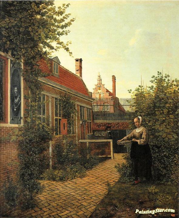 Woman with a basket of beans in vegetable garden Artwork by Pieter de Hooch