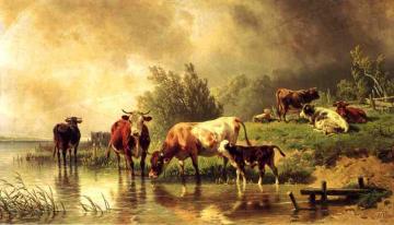 Cattle Watering By Stream Under Darkening Skies Artwork by Fredrich Johann Voltz
