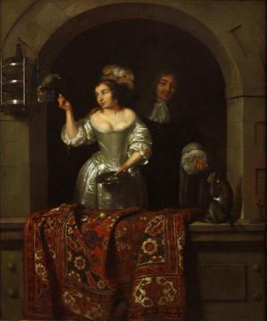 A Lady With A Parrot And A Gentleman With A Monkey Artwork by Caspar Netscher