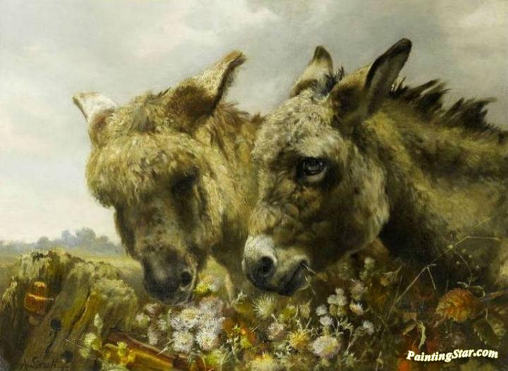 Two Donkeys Artwork by Alfred William Strutt