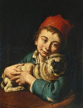 A Boy in a Blue Jacket and a Red Hat, Holding a Pug on a Cushion Artwork by Giacomo Ceruti