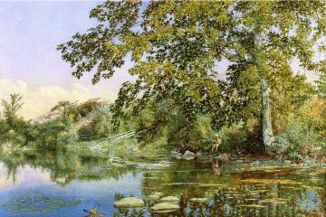 River Landscape With Boy Fishing Artwork by John William Hill