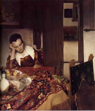 A Woman Asleep At Table Artwork by Johannes Vermeer