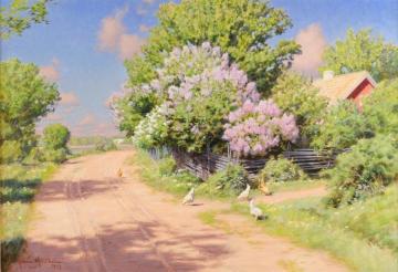 Road with pecking hens and lilacs Artwork by Johan Krouthén