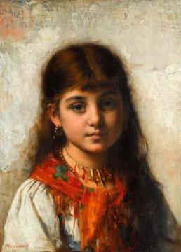 Girl with Coral Necklace and Shawl Artwork by Alexei Harlamoff