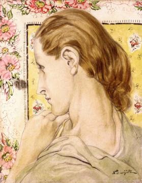 Young Woman with a Tapestry Artwork by Tsuguharu Foujita