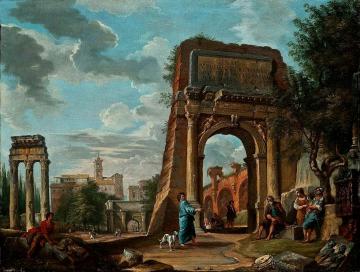 The Roman Forum with the Arch of Titus, with figures and the Capitoline Hill in the background Artwork by Giovanni Paolo Pannini