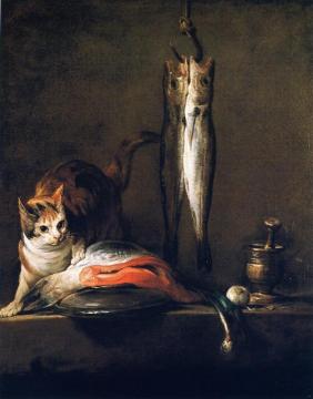Cat With Salmon, Two Mackerel, Pestle And Mortar Artwork by Jean-Baptiste-Simeon Chardin