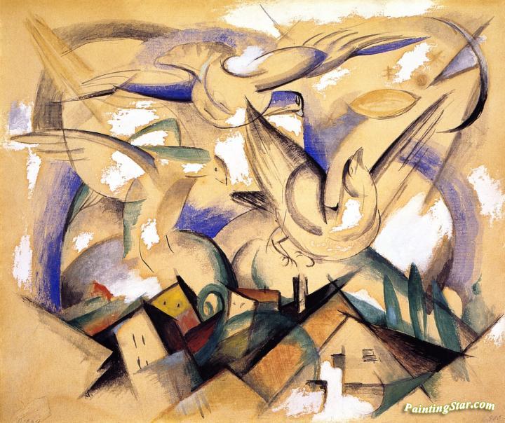 Birds above the Village Artwork by Franz Marc