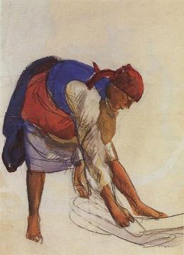 Peasant Woman Spreading out Canvas Artwork by Zinaida Serebriakova