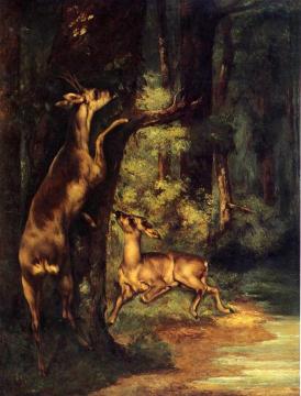 Male and Female Deer in the Woods Artwork by Gustave Courbet