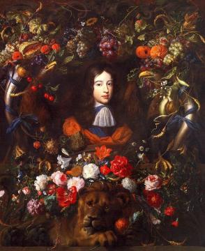 Flower garland with portrait of William III of Orange, aged 10 Artwork by Jan Davidsz De Heem