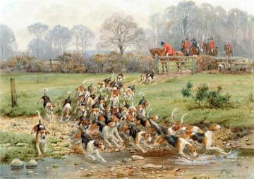 Hounds crossing a stream Artwork by George Goodwin Kilburne