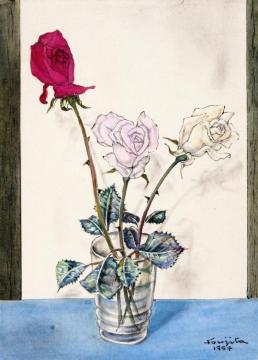 Three Roses in a Vase Artwork by Tsuguharu Foujita
