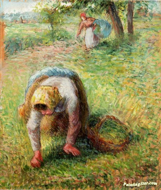 Peasants Gathering Grass Artwork by Camille Pissarro