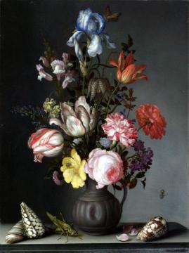Flowers in a Vase with Shells and Insects Artwork by Balthasar van der Ast
