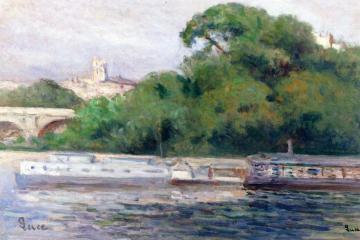 Pèniches Amarées devant Bouquet d'Arbres et Pont Artwork by Maximilien Luce