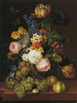 Flowers and fruit with a birds nest on a ledge Artwork by Franz Xavier Petter