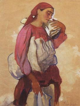 A peasant woman with rolls of canvas on her shoulder and in her hands Artwork by Zinaida Serebriakova