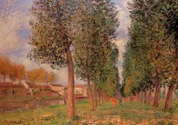 The Poplar Avenue at Moret, Cloudy Day, Morning Artwork by Alfred Sisley