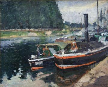 Barges on Pontoise Artwork by Camille Pissarro