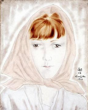 Portrait of Youki with Scarf Artwork by Tsuguharu Foujita