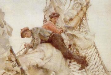 Stowing The Headsails Artwork by Henry Scott Tuke