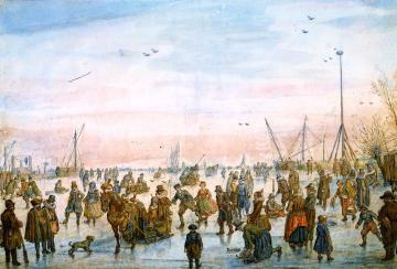 Numerous Figures on the Ice at Sunset Artwork by Hendrick Avercamp
