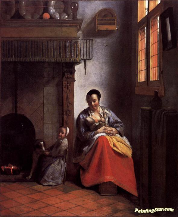 A Woman Nursing an Infant with a Child and a Dog Artwork by Pieter de Hooch