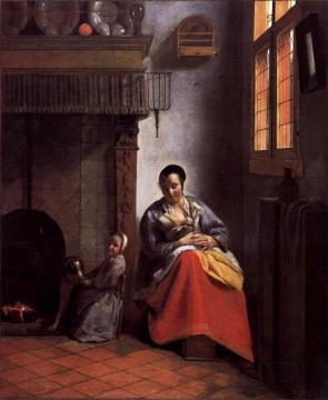 A Woman Nursing an Infant with a Child and a Dog Artwork by Pieter de Hooch