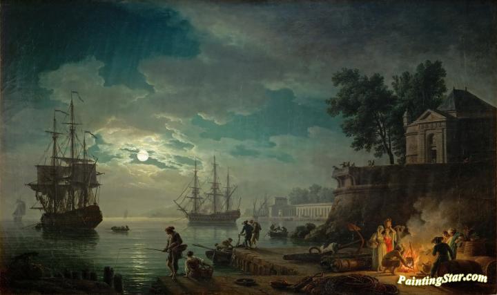 Night, A Port In Moonlight Artwork by Claude-Joseph Vernet
