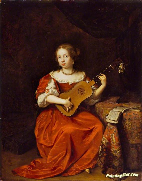 A Young Lady Playing the Guitar Artwork by Caspar Netscher