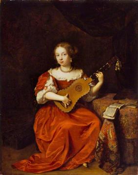 A Young Lady Playing the Guitar Artwork by Caspar Netscher