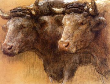 Heads of Two Oxen, Study for 'La Famille' Artwork by Leon Augustin Lhermitte