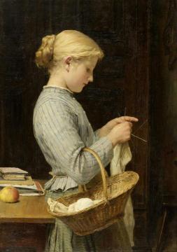 Girl Knitting Artwork by Albert Anker