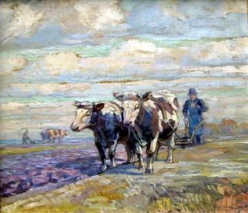 Landscape with Oxen and Farmer Artwork by Nikolai Petrovich Bogdanov-belsky