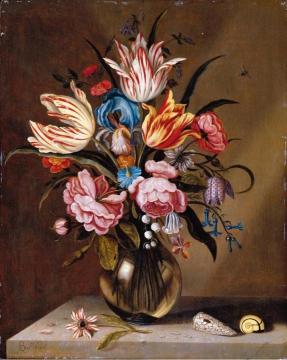 Still Life of Pink Roses, Striped Tulips, a Blue Iris, etc. in a Glass Vase Artwork by Ambrosius Bosschaert