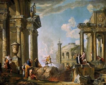 A capriccio of a saint preaching to classical figures among Roman ruins Artwork by Giovanni Paolo Pannini