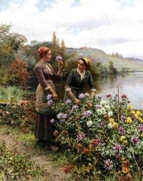 Peasant Girls in Flower Garden Artwork by Daniel Ridgway Knight