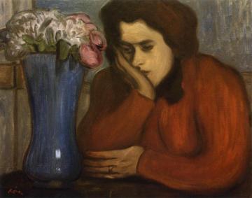 Pensive Woman with Vase of Flowers Artwork by József Rippl-Rónai