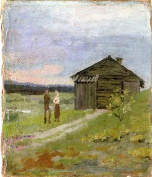 Landscape with a Small House and Two Figures Artwork by Edvard Munch