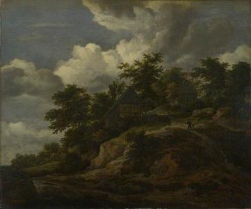 A Rocky Hill, Three Cottages and a Stream at its Foot Artwork by Jacob van Ruisdael