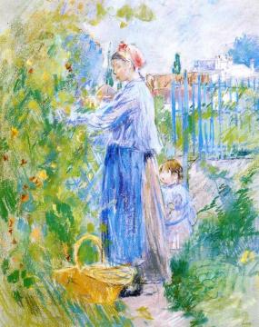 Mother and Child Picking Nasturtiums Artwork by Berthe Morisot
