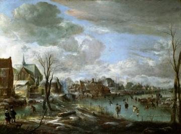 A Frozen River near a Village, with Golfers and Skaters Artwork by Aert van der Neer