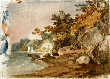 Briton Ferry, A Fisherman's Cottage and a Boat Pulled Up under a Low Cliff Artwork by Joseph Mallord William Turner