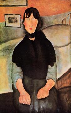 Dark Young Woman Seated by a Bed Artwork by Amedeo Modigliani
