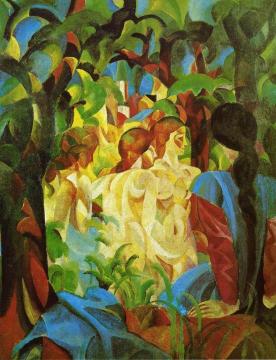 Girls Bathing with Town in Background Artwork by August Macke