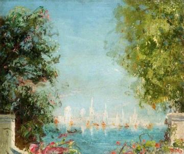 View across a Lagoon towards a City Artwork by Thomas Edwin Mostyn